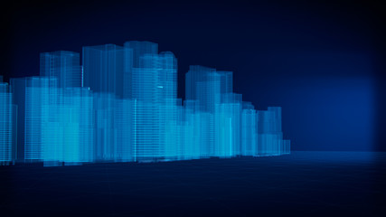 3D render of city x-ray blue transparent on dark background.
