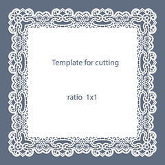 Greeting card with openwork border, paper doily under the cake, template for cutting, wedding invitation, decorative plate is laser cut, vector illustrations.