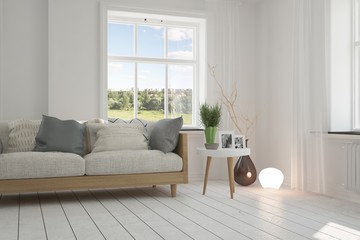 White room with sofa and green landscape in window. Scandinavian interior design. 3D illustration