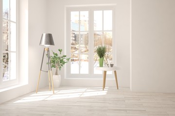 White empty room with urban  landscape in window. Scandinavian interior design. 3D illustration