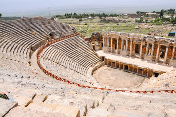 Close up of theater ruins (amphitheater) in the ancient city of Hieropolis, Pamukkale, Turkey