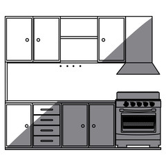 monochrome silhouette of kitchen cabinets with stove and oven vector illustration