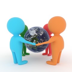 small people holding hands around earth planet on isolated white background in 3D rendering