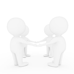 small people holding hands in teamwork on isolated white background in 3D rendering