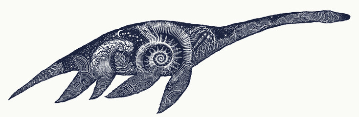 Plesiosaur tattoo art. Nessie, Loch Ness monster. Prehistoric underwater dinosaur double exposure t-shirt design