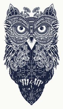 Owl tattoo art. Owl in ethnic celtic style t-shirt design