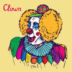 The clown in costume and checkered cap with funny red wig smiling, hand drawn doodle, bright colors sketch in pop art style, vector illustration