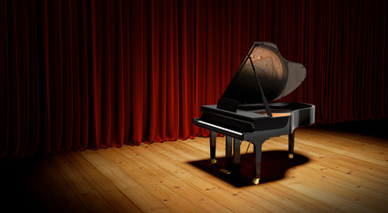 Piano on the flloor before the curtain.