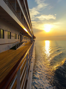 Ocean view with beautiful and romantic sunset from a cruise ship.