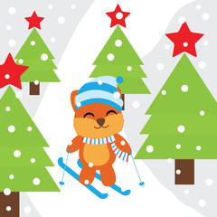 Xmas card with cute Fox play ski on snow mountain vector cartoon, Xmas postcard, wallpaper, and greeting card, vector illustration