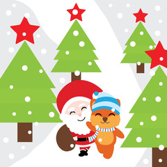 Xmas card with cute Fox and Santa Claus walk in the forest vector cartoon, Xmas postcard, wallpaper, and greeting card, vector illustration