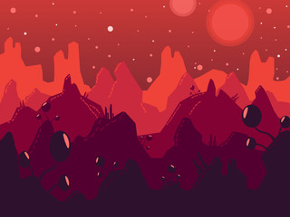 Cosmic landscape vector illustration. Red mountains and plants. Planet and stars