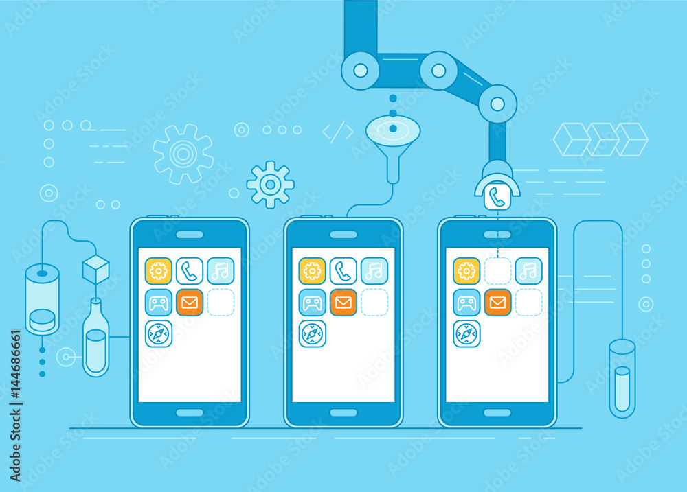 Poster app development concept - robotic hand putting application in mobile phone