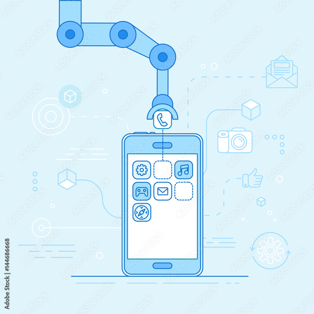 Poster App development concept - robotic hand putting application in mobile phone