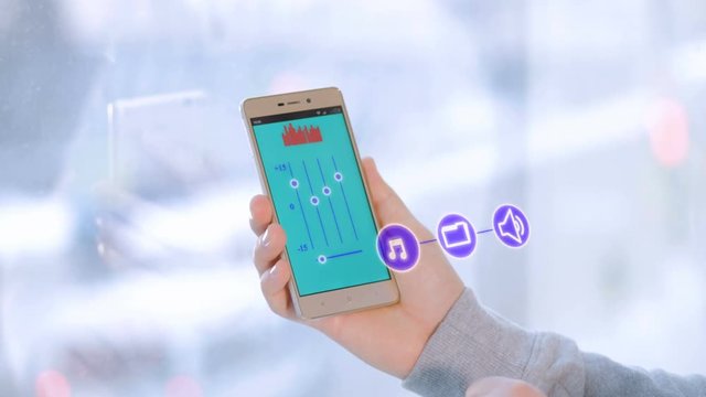 Smarthome system. Hands with a smartphone with a fictional screen interface operating smarthome. 4K.