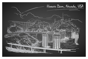 Hoover Dam stunning panoramic view. Black and white linear hand drawing. Sketch style. EPS10 vector illustration.