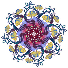 Obraz premium Circular ornament with actinia polyp, seaweed and other sea creatures in Art Nouveau style. Intricate composition, bright colours. Mandala tatoo. Textile print. EPS10 vector illustration.