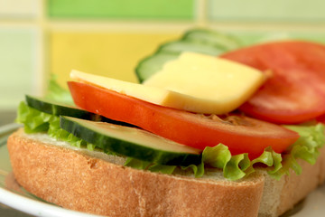 Sandwich with fresh lettuce leaves,slices of cucumber and tomatoes and top with fresh, tender slices of cheese.
