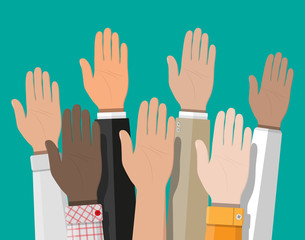 Fototapeta premium Raised up hands. People vote hands.
