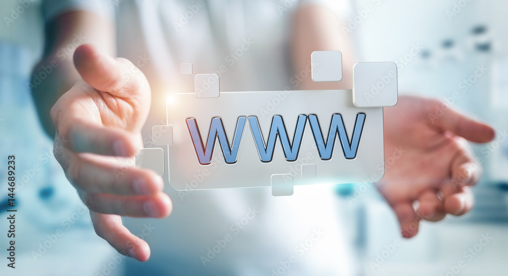 Poster businessman surfing on internet using tactile web address bar 3d rendering