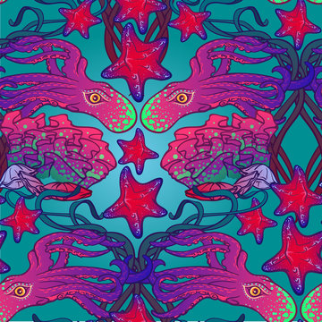 Seamless pattern with octopus, starfish and coral reef in Art Nouveau style. Intricate composition, bright colours. Textile print. EPS10 vector illustration.