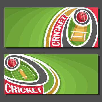 Vector horizontal Banners for Cricket game: 2 layouts for title on cricket theme, red ball flying on curve above pitch on checkered field, art banner for text on green background, sports invite ticket