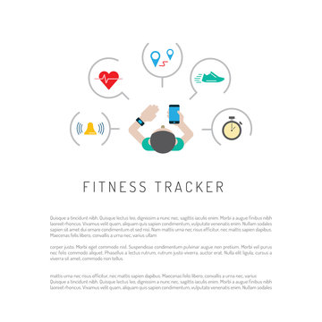 Vector banner with a means of tracking activity, a fitness bracelet. The concept of fitness gadget with icons its functionality.