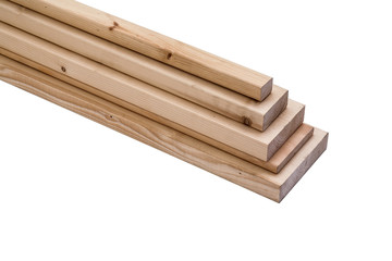 Pine wooden board on white background. Construction boards.