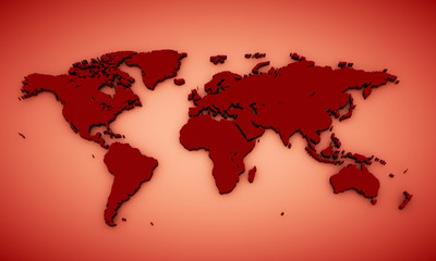 Fototapeta na wymiar Red 3D render map of world with dropped shadow on background. Worldwide theme wallpaper.