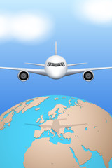 Front view of Air Plane flies over globe. Civil Aircraft. Public or private plane. For business and travel design. Vector Illustration isolated on background.