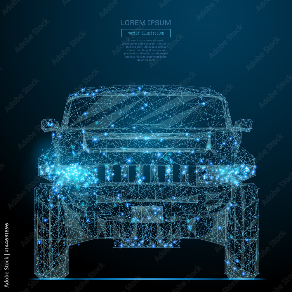 Poster Abstract image of a auto front of a starry sky or space, consisting of points, lines, and shapes in the form of planets, stars and the universe. Vector business