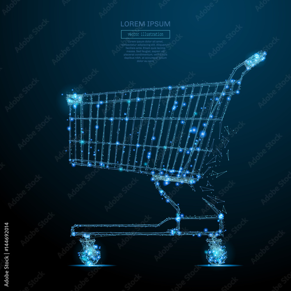 Poster Abstract image of a shopping cart in the form of a starry sky or space, consisting of points, lines, and shapes in the form of planets, stars and the universe. Vector business