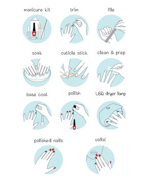 Woman doing red manicure. Set of the step by step illustrations.