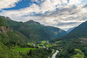 Fototapeta na wymiar Small norwegian town in idyllic valley