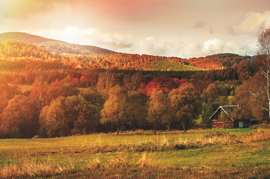 Amazing mountain landscape with fog. Beskid Mountains. Poland. Mountains scenery