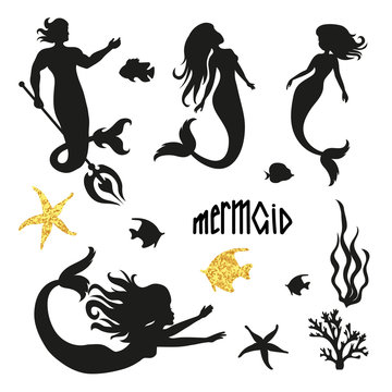 Set of black mermaid silhouettes isolated on white. Vector illustration. 