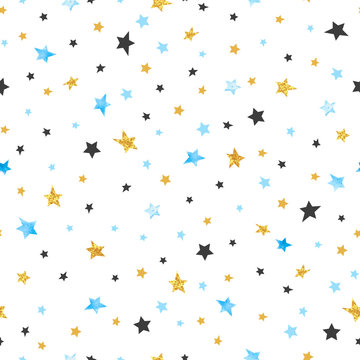 Fototapeta Seamless stars pattern. Vector celebration background in blue, black and golden colors.