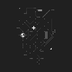 Complex design element in glitch style on black background. Useful for prints, posters and covers.