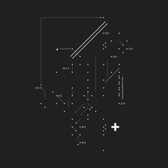 Complex design element in glitch style on black background. Useful for prints, posters and covers.