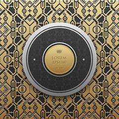 Round text banner template on golden metallic background with seamless geometric pattern. Elegant luxury style.