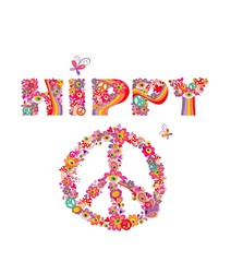 Psychedelic hippy lettering with colorful abstract flowers, eyes, fly agaric and peace symbol isolated on white background