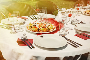 Sunlit cold plate with cheese and ham and fruit. Decorated table in the garden
