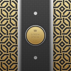 Vertical banner template on golden metallic background with seamless geometric pattern. Elegant luxury style.