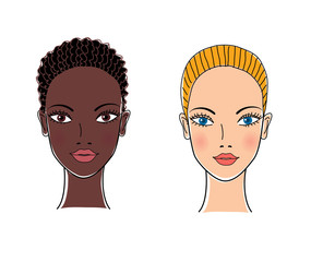 European and black women faces. Vector illustration