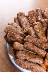 Closeup macro served kebabs bbq on the plate