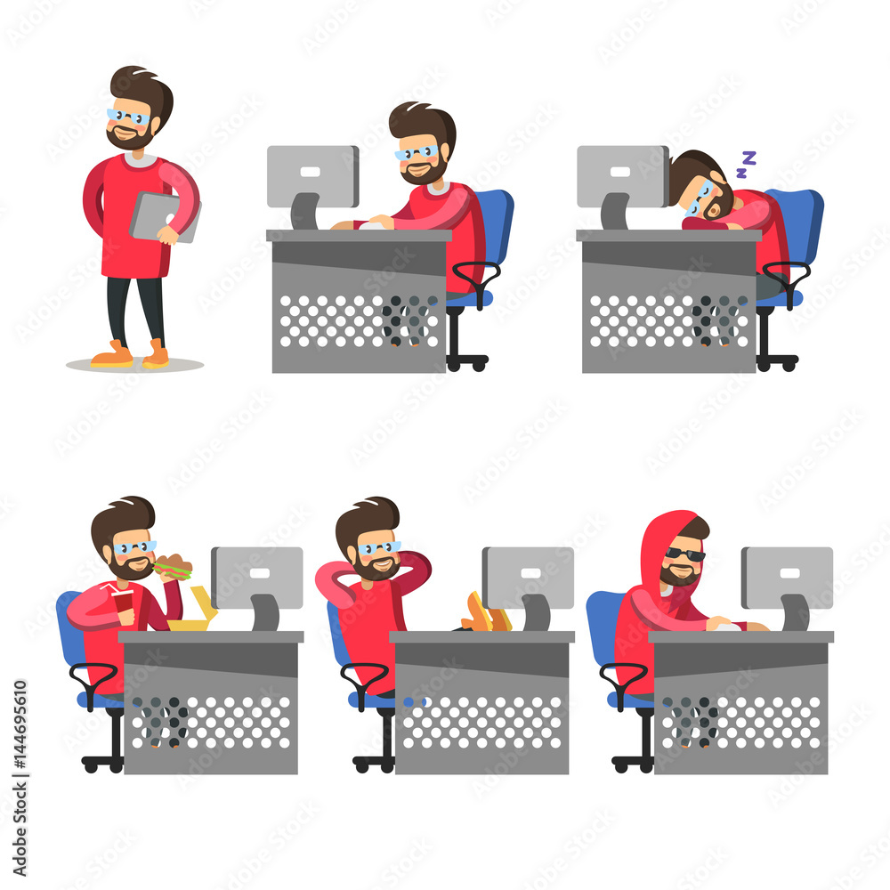 Poster cartoon programmer with computer. freelancer at work. vector character illustration