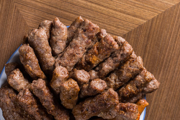 Closeup macro served kebabs bbq on the plate