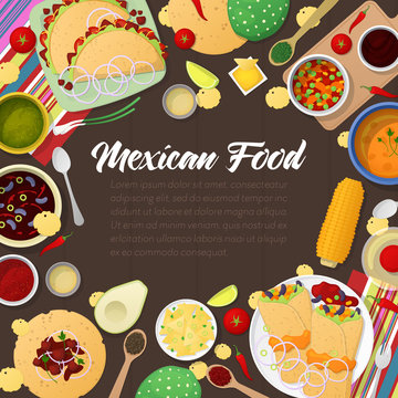 Mexican Cuisine Traditional Food with Tacos. Vector illustration