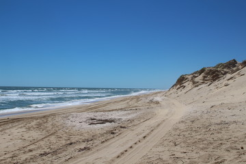 Car tyre tracks on a white sandy beach in the Coorong National Park, South Australia
