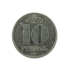 historic 10 east german pfennig coin (1982) obverse isolated on white background